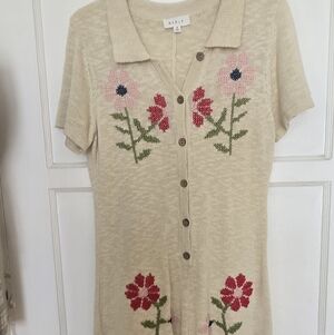 Mabel Cream Knit Button-Front Romper Yarn Floral Detail Small